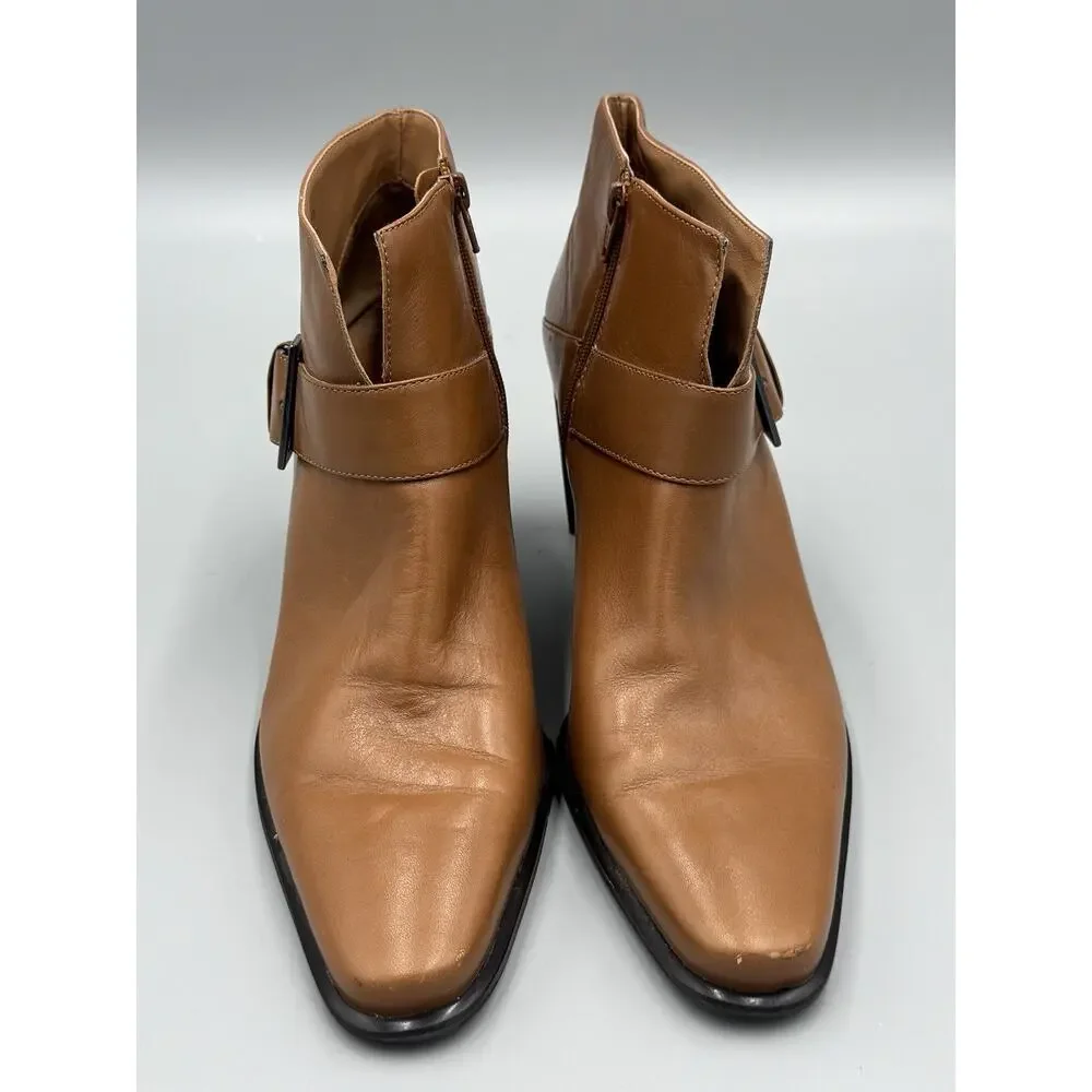 Franco Sarto Women’s Brown Leather Ankle Bootie Zip Side Buckle Sz 9M